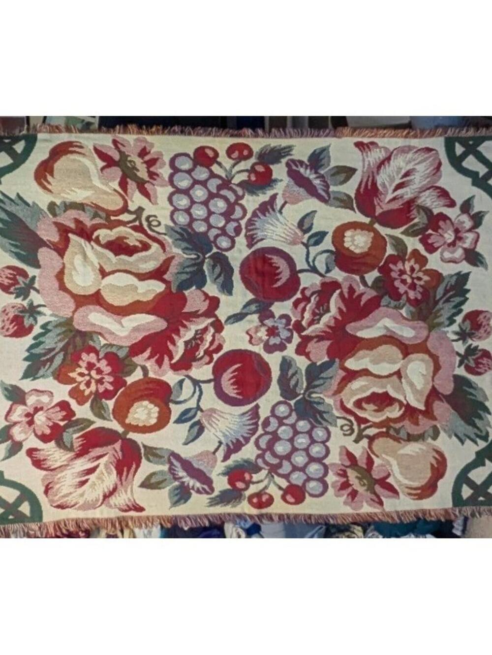 Vintage 46x70 Floral Fruit Woven Tapestry Throw Blanket Reversible Red Cream
